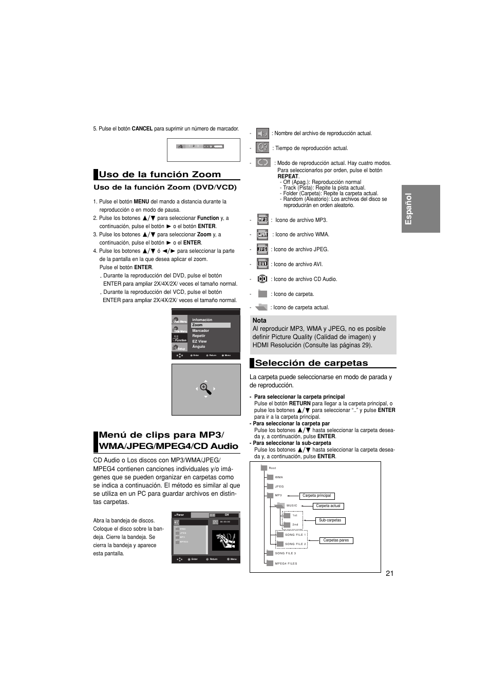 Español uso de la función zoom, Menú de clips para mp3/ wma/jpeg/mpeg4/cd audio, Selección de carpetas | Samsung DVD-1080P8 User Manual | Page 84 / 103