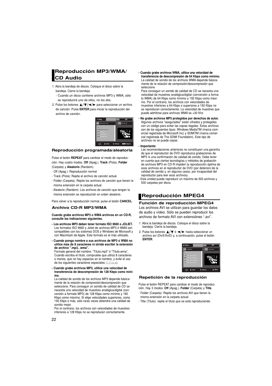 Reproducción mp3/wma/ cd audio, Reproducción mpeg4 | Samsung DVD-1080P8 User Manual | Page 85 / 103