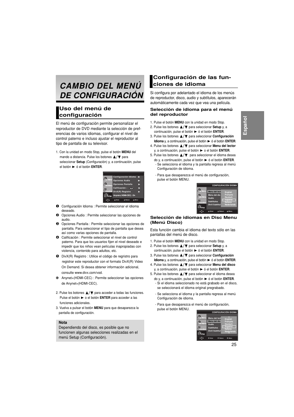 Cambio, Español configuración de las fun- ciones de idioma, Uso del menú de configuración | Samsung DVD-1080P8 User Manual | Page 88 / 103