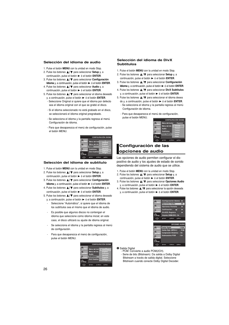 Configuración de las opciones de audio | Samsung DVD-1080P8 User Manual | Page 89 / 103