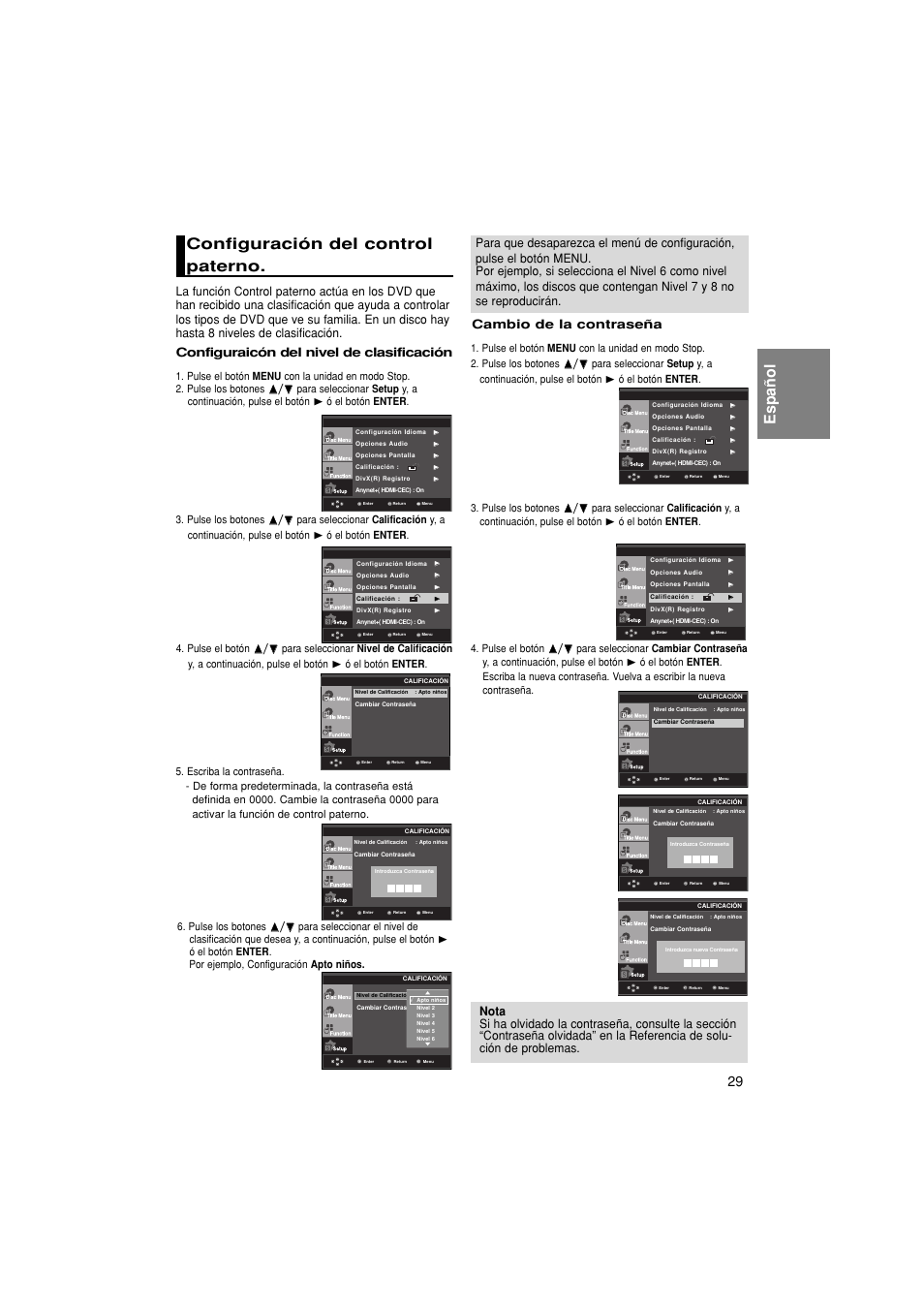 Español, Configuración del control paterno, Cambio de la contraseña | Configuraicón del nivel de clasificación | Samsung DVD-1080P8 User Manual | Page 92 / 103