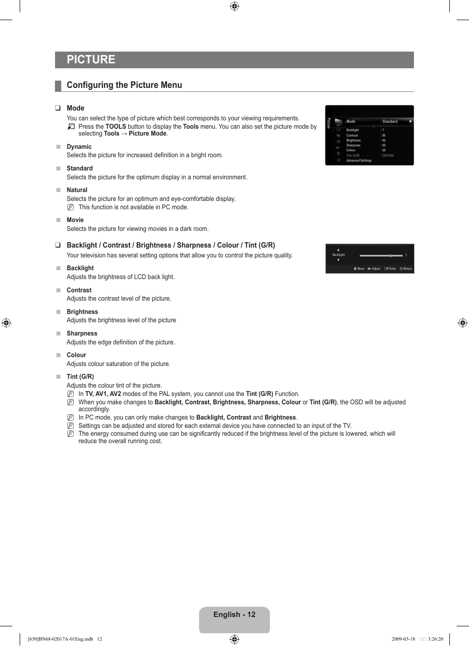 Picture, Configuring the picture menu, English | Mode | Samsung BN68-02017A-01 User Manual | Page 14 / 83