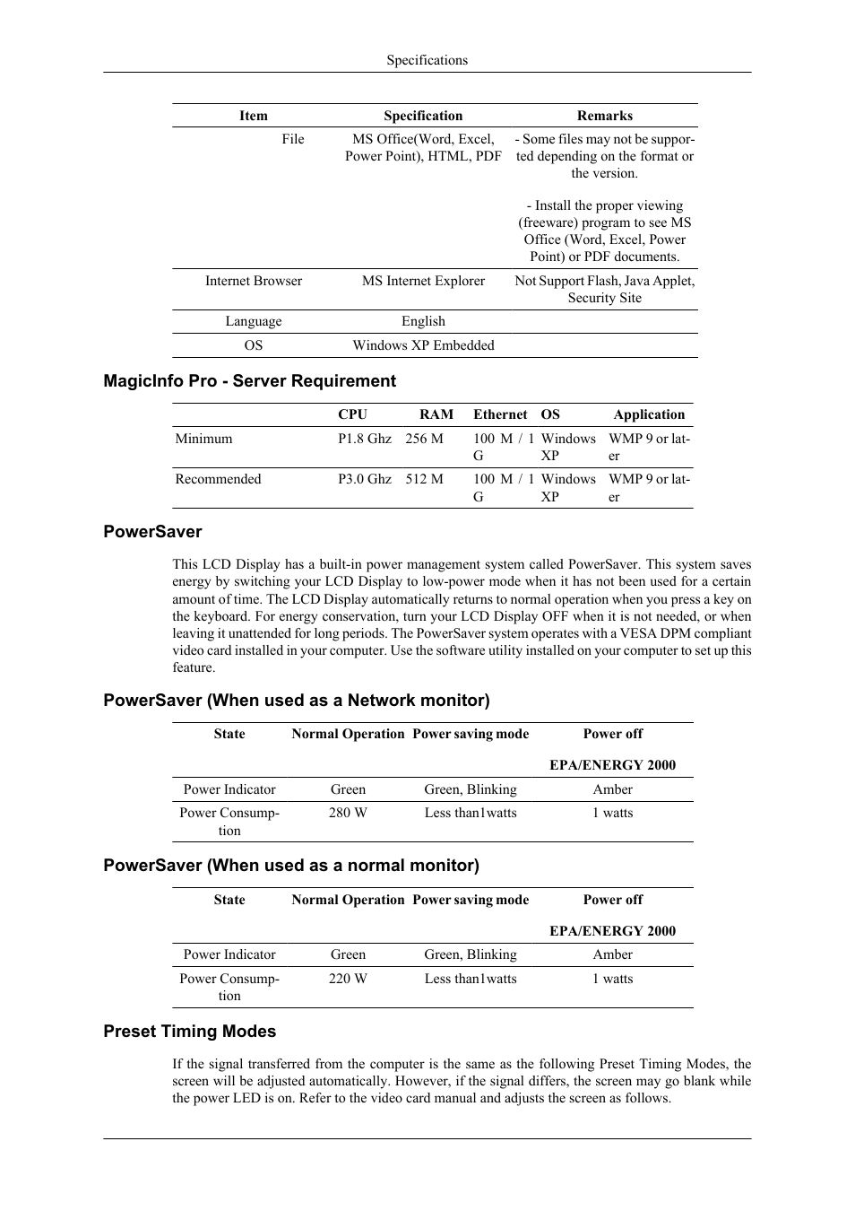 Magicinfo pro - server requirement, Powersaver, Powersaver (when used as a network monitor) | Powersaver (when used as a normal monitor), Preset timing modes | Samsung 400UXN User Manual | Page 113 / 127