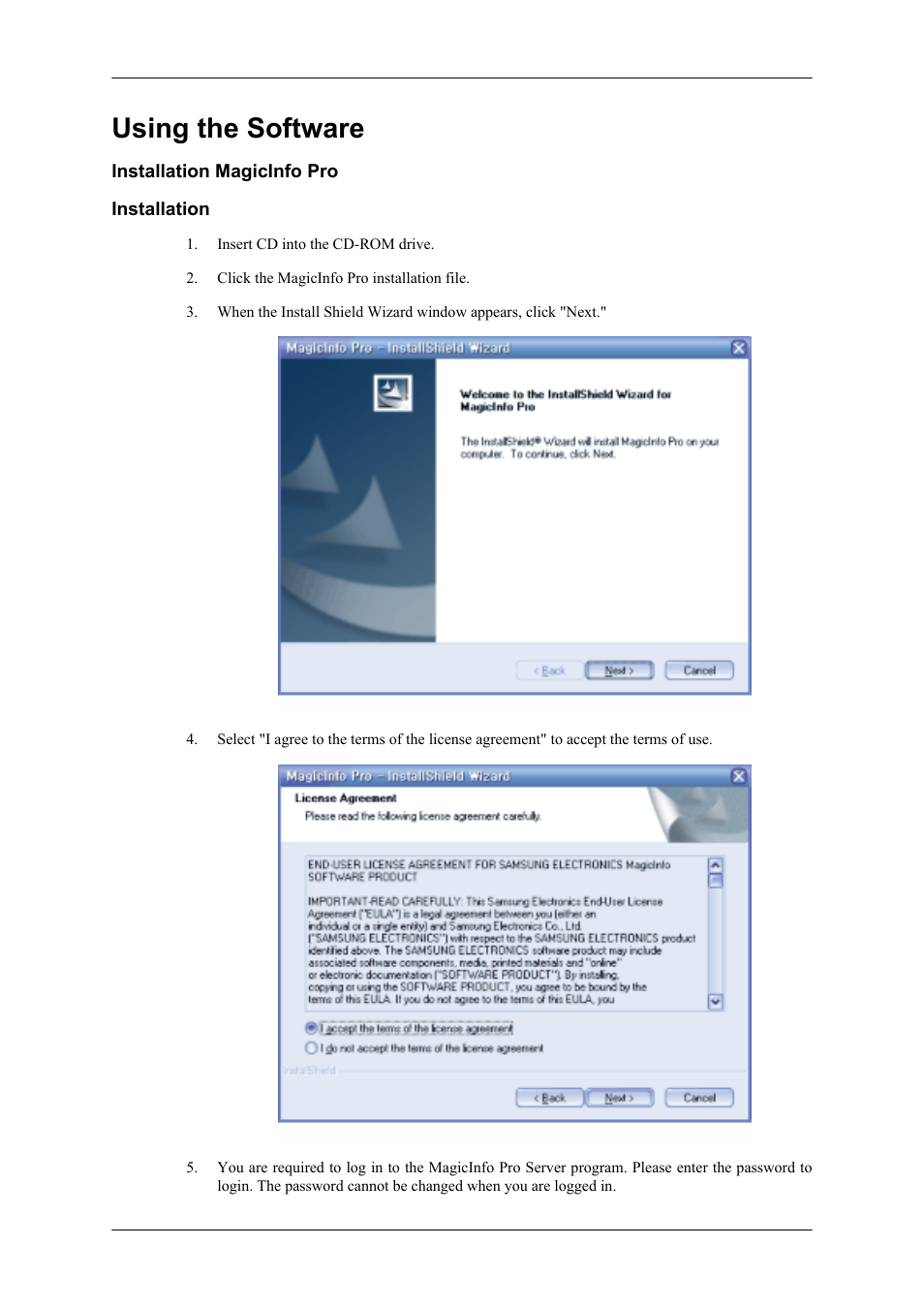 Using the software, Installation magicinfo pro, Installation | Samsung 400UXN User Manual | Page 48 / 127