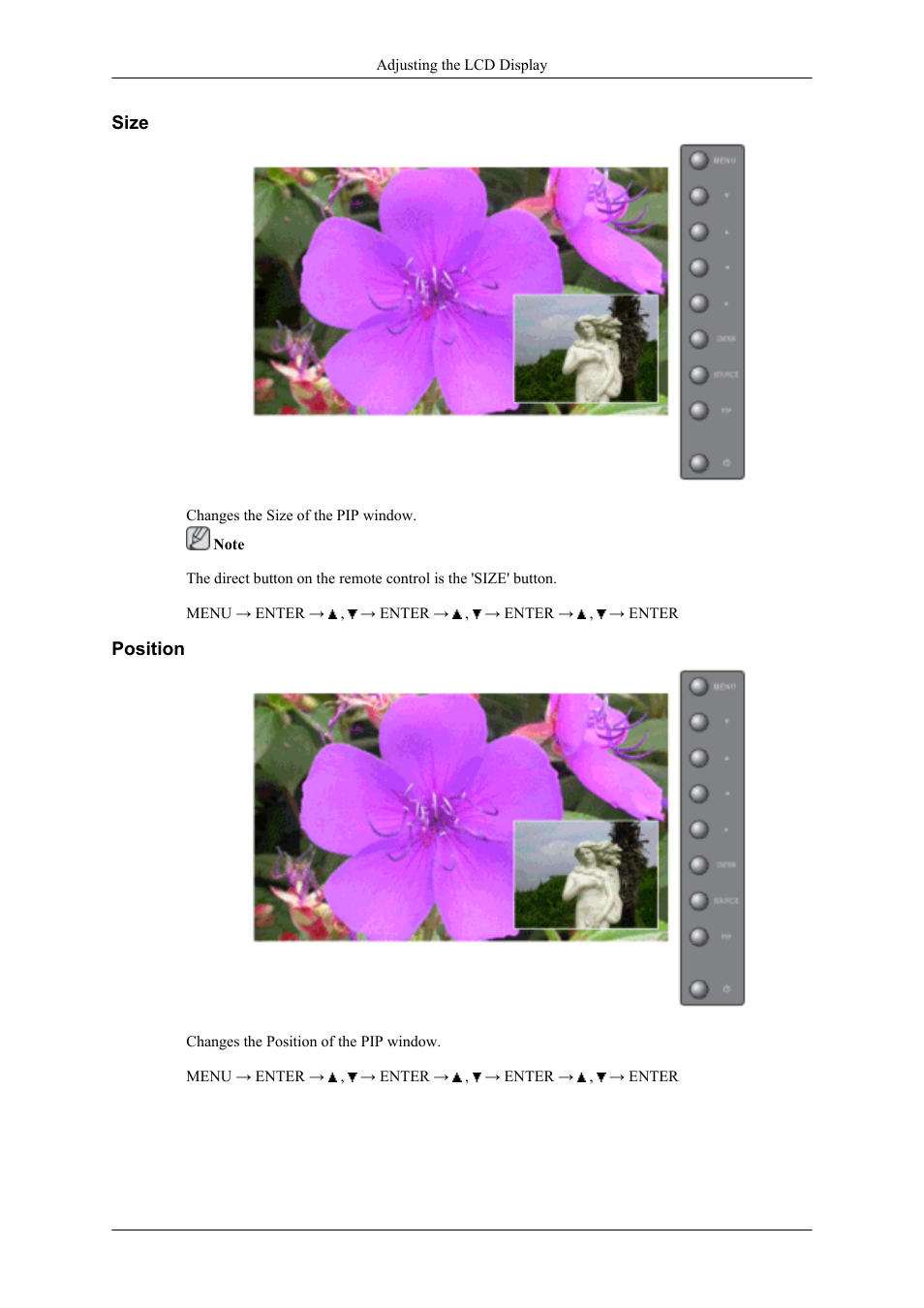 Size, Position | Samsung 400UXN User Manual | Page 58 / 127