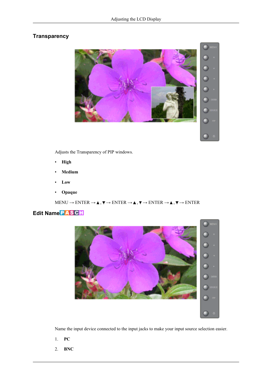 Transparency, Edit name | Samsung 400UXN User Manual | Page 59 / 127
