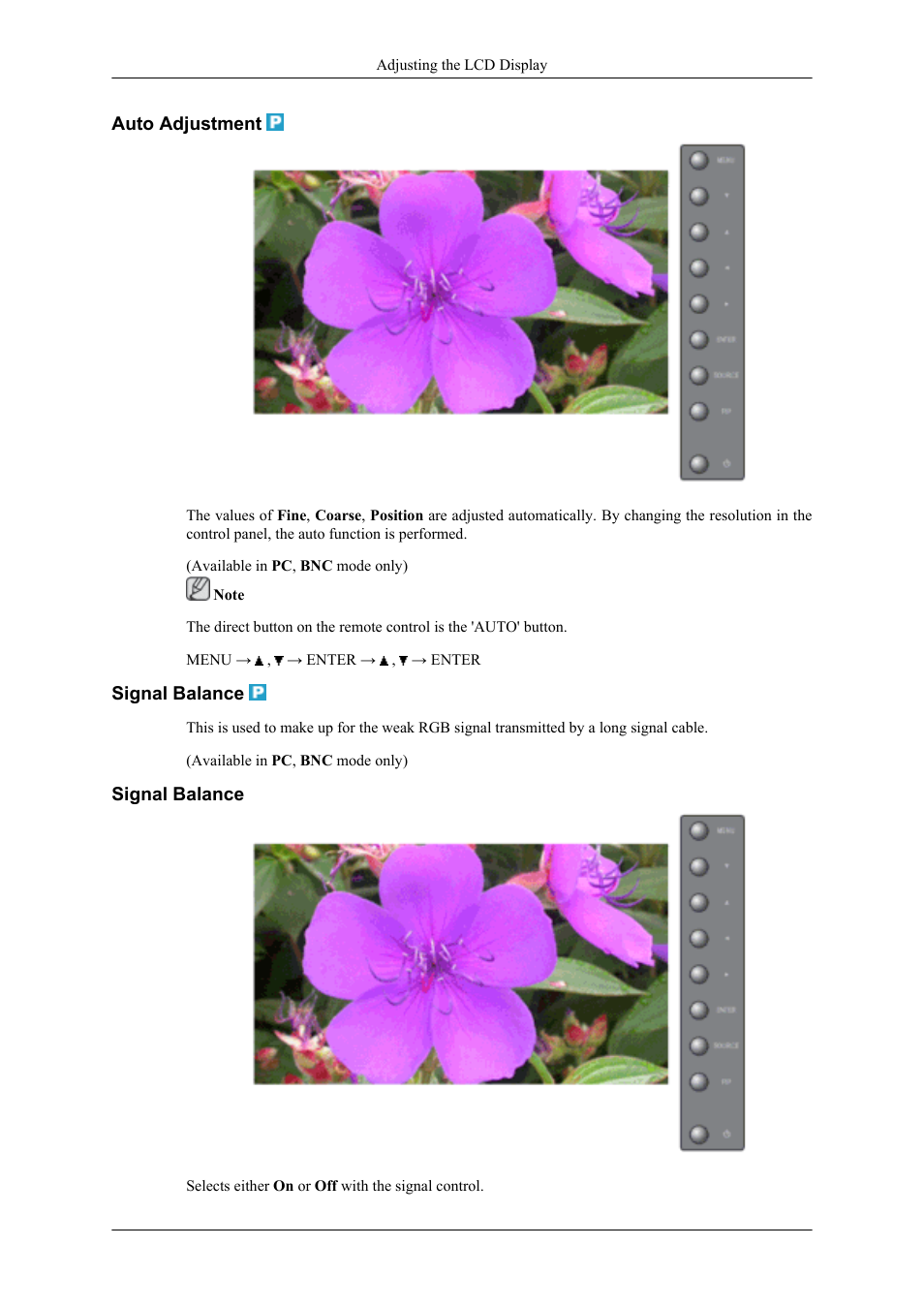 Auto adjustment, Signal balance | Samsung 400UXN User Manual | Page 66 / 127