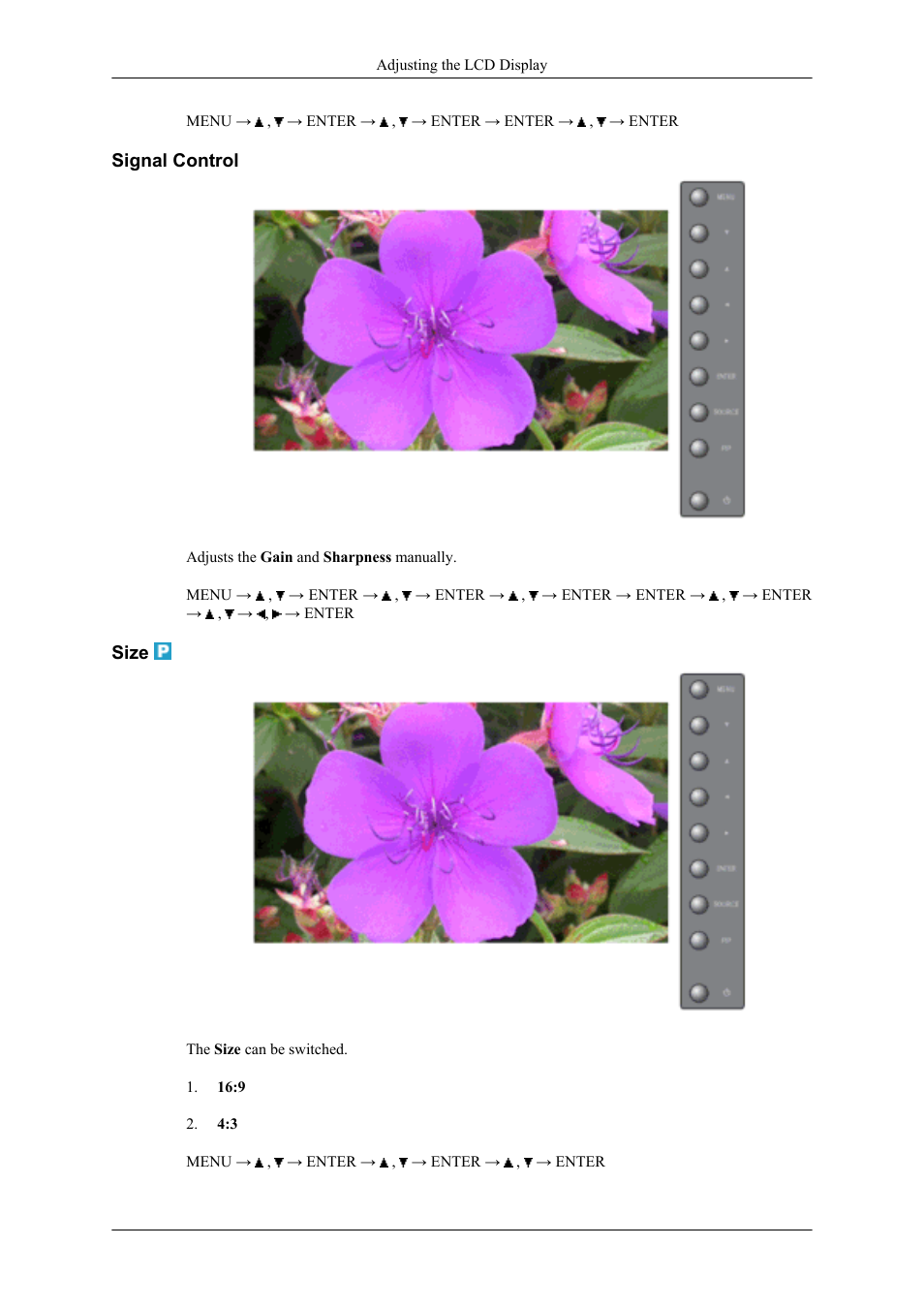 Signal control, Size | Samsung 400UXN User Manual | Page 67 / 127