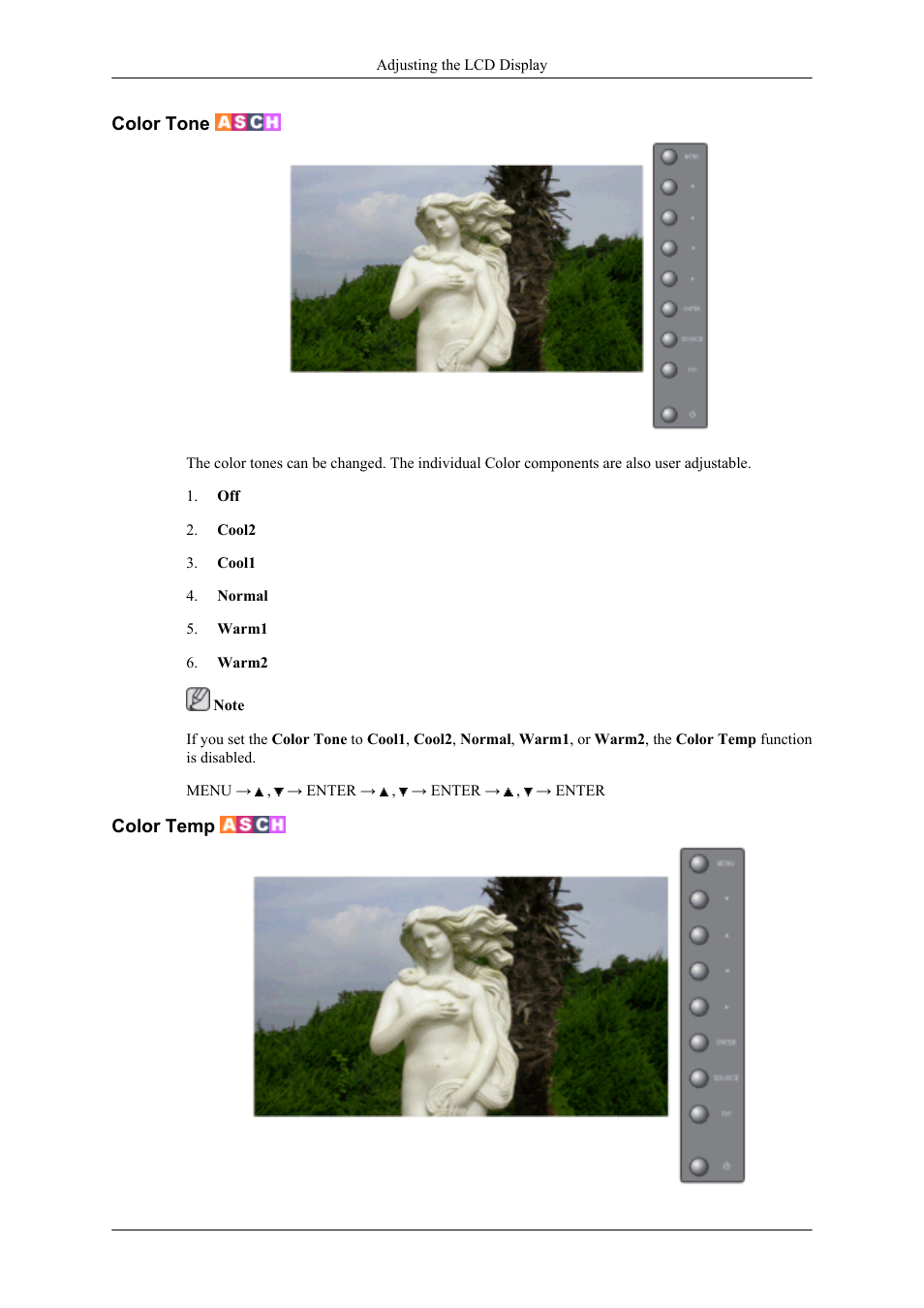 Color tone, Color temp | Samsung 400UXN User Manual | Page 71 / 127