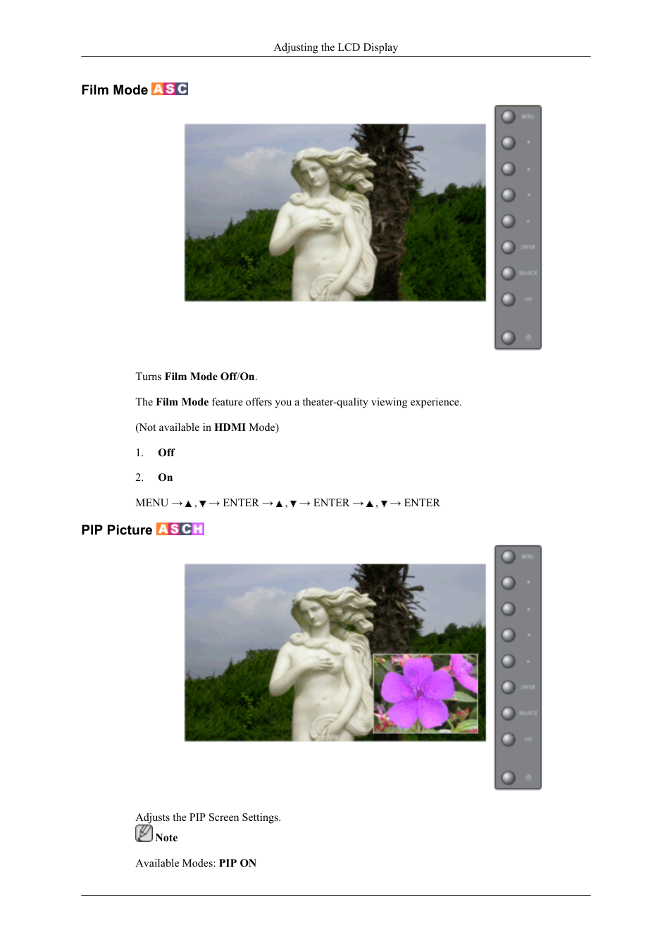 Film mode, Pip picture | Samsung 400UXN User Manual | Page 74 / 127