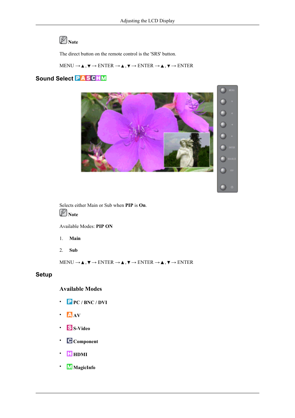 Sound select, Setup | Samsung 400UXN User Manual | Page 78 / 127