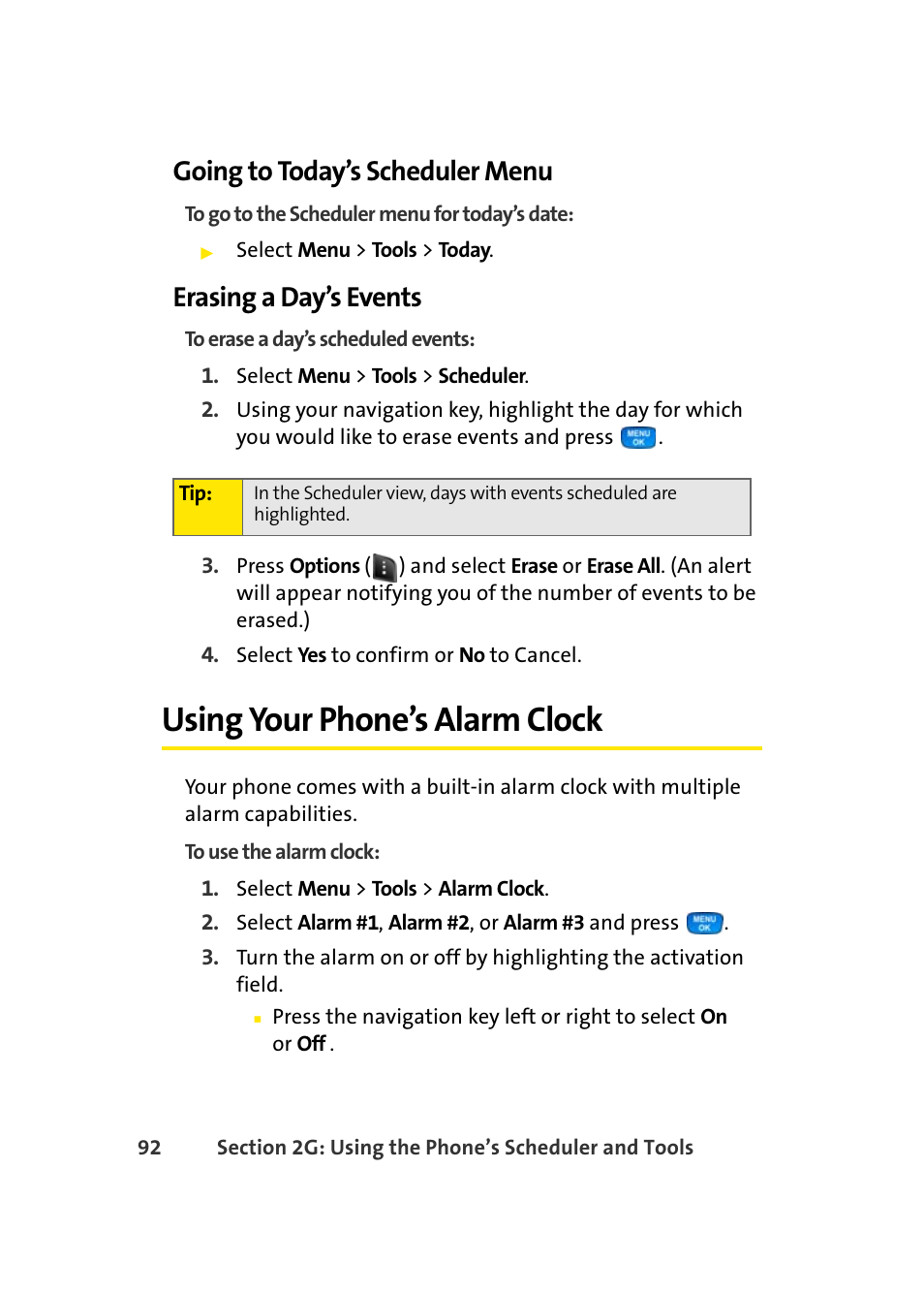 Going to today’s scheduler menu, Erasing a day’s events, Using your phone’s alarm clock | Samsung A420 User Manual | Page 108 / 164