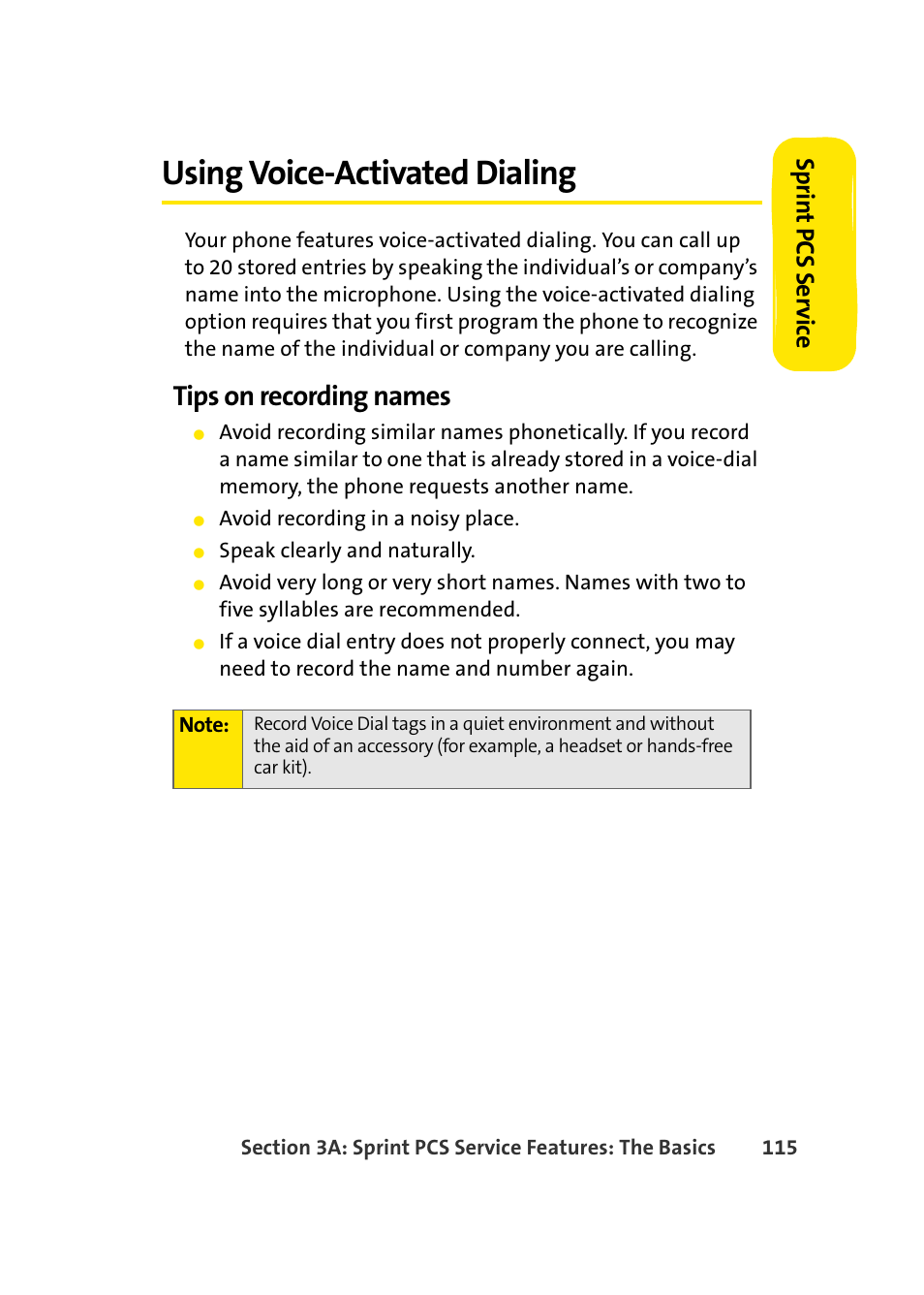 Using voice-activated dialing, Tips on recording names, Sprin t pcs se rv ice | Samsung A420 User Manual | Page 131 / 164