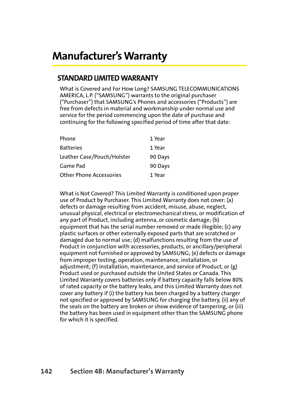 Manufacturer’s warranty, Standard limited warranty | Samsung A420 User Manual | Page 158 / 164