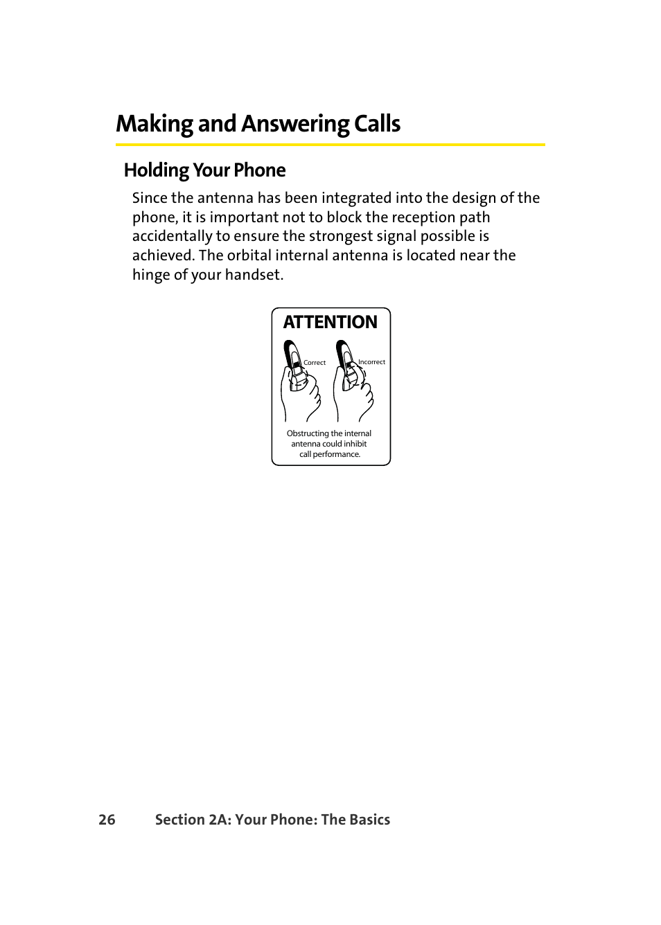 Making and answering calls, Holding your phone, Attention | Samsung A420 User Manual | Page 42 / 164