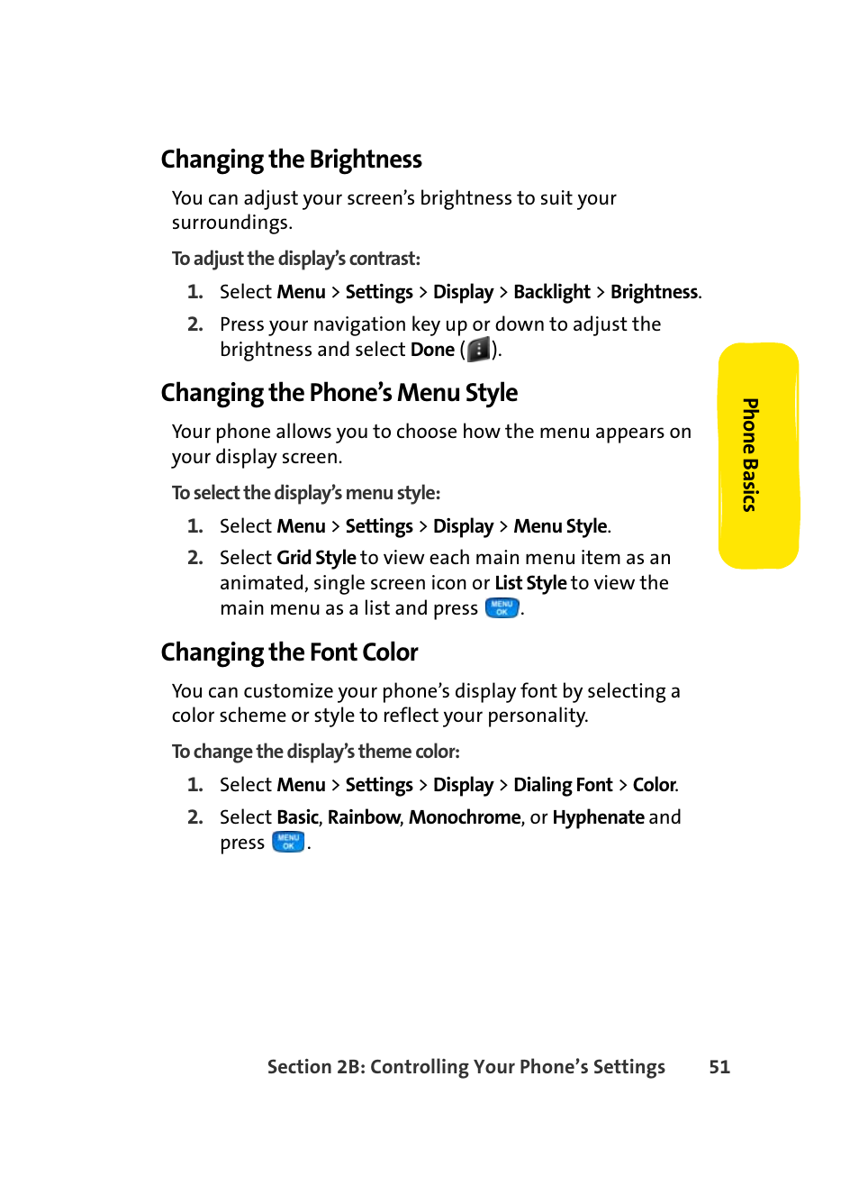 Changing the brightness, Changing the phone’s menu style, Changing the font color | Samsung A420 User Manual | Page 67 / 164