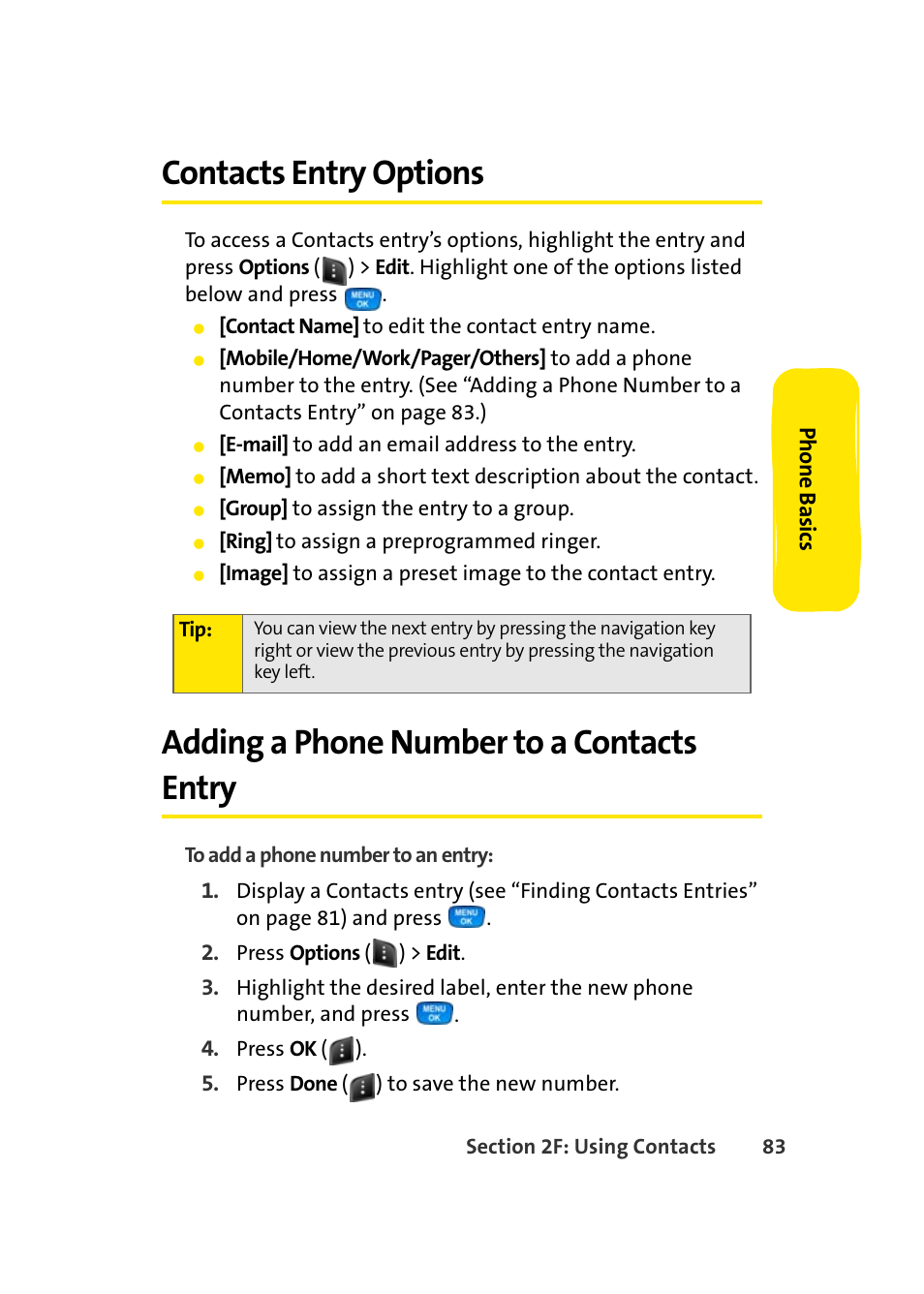 Contacts entry options, Adding a phone number to a contacts entry | Samsung A420 User Manual | Page 99 / 164