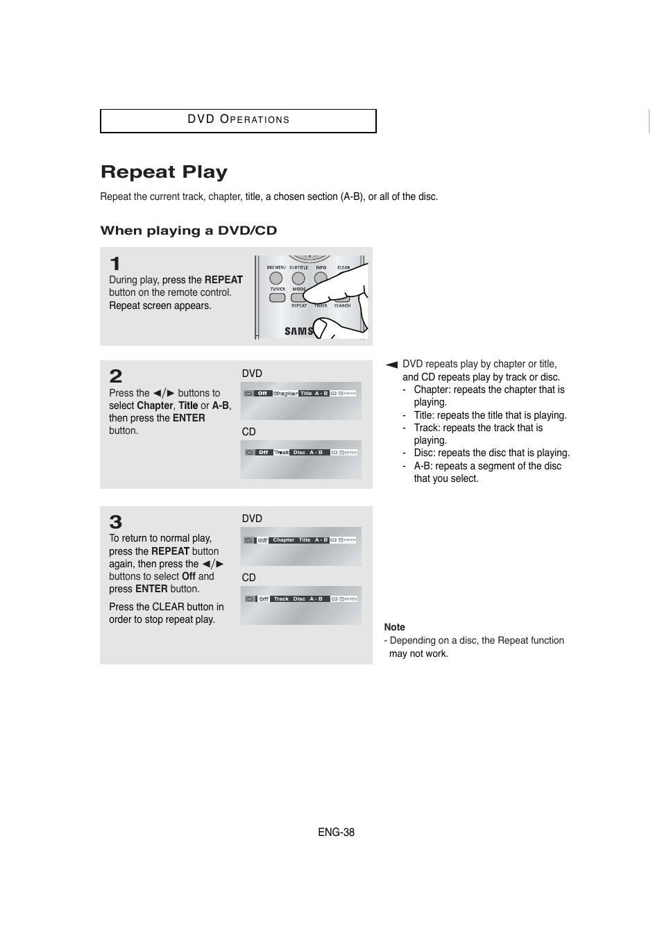 Repeat play, D v d o, When playing a dvd/cd | Samsung DVD-V5650 User Manual | Page 38 / 92