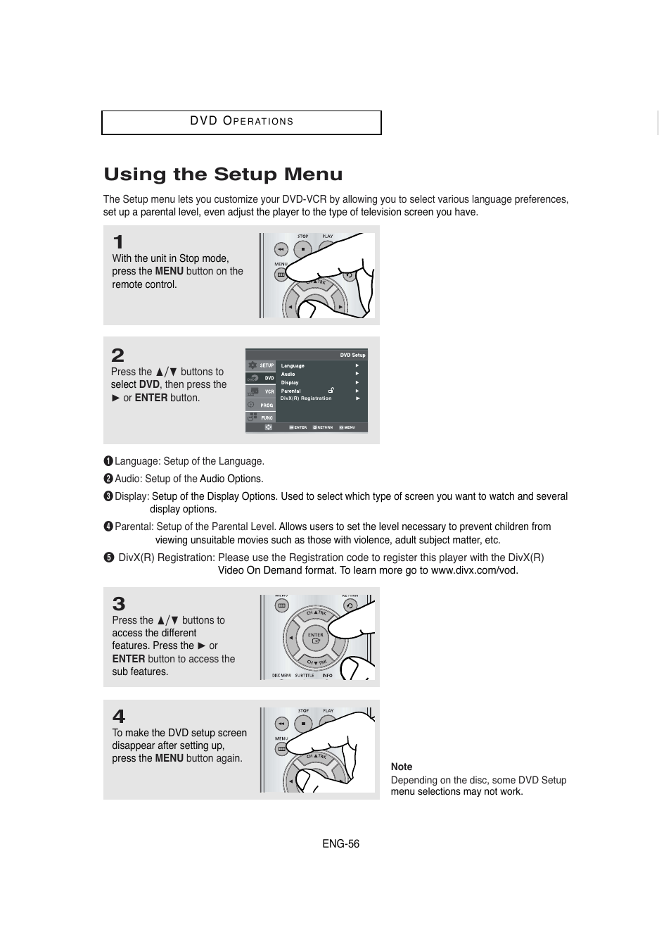 Using the setup menu | Samsung DVD-V5650 User Manual | Page 56 / 92