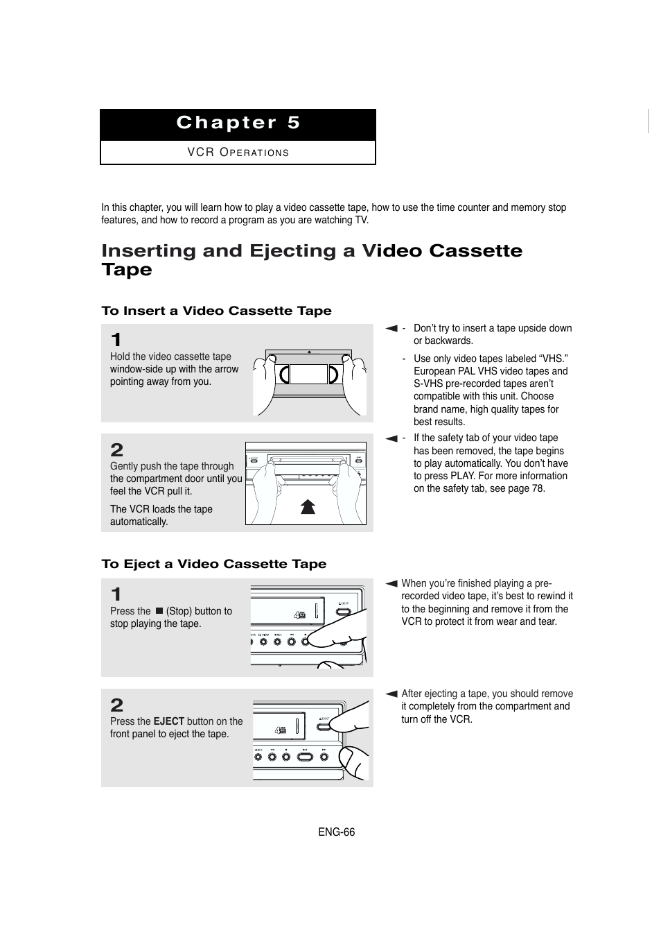 Chapter 5, Inserting and ejecting a video cassette tape, Inserting and ejecting a v ideo cassette tape | Samsung DVD-V5650 User Manual | Page 66 / 92