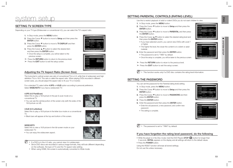 System setup, Setting tv screen type, Setting parental controls (rating level) | Setting the password | Samsung HT-TZ215  EN User Manual | Page 27 / 37