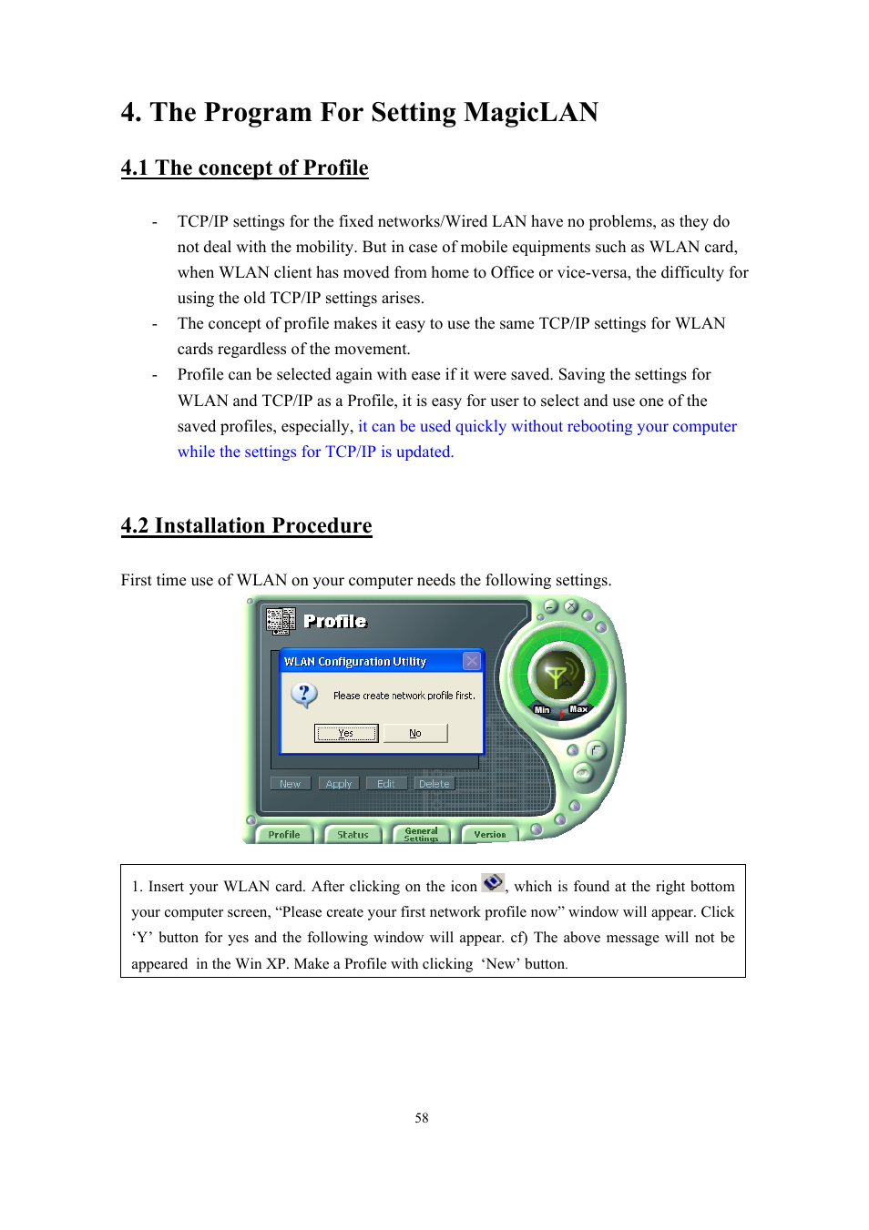 The program for setting magiclan, 1 the concept of profile, 2 installation procedure | Samsung SWL-2100N User Manual | Page 58 / 75
