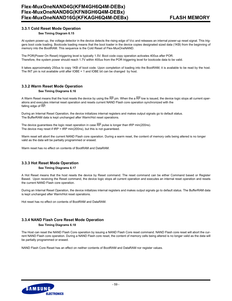 1 cold reset mode operation, 2 warm reset mode operation, 3 hot reset mode operation | 4 nand flash core reset mode operation, Flex-muxonenand4g(kfm4gh6q4m-debx) | Samsung FLEX-MUXONENAND KFN8GH6Q4M User Manual | Page 59 / 142