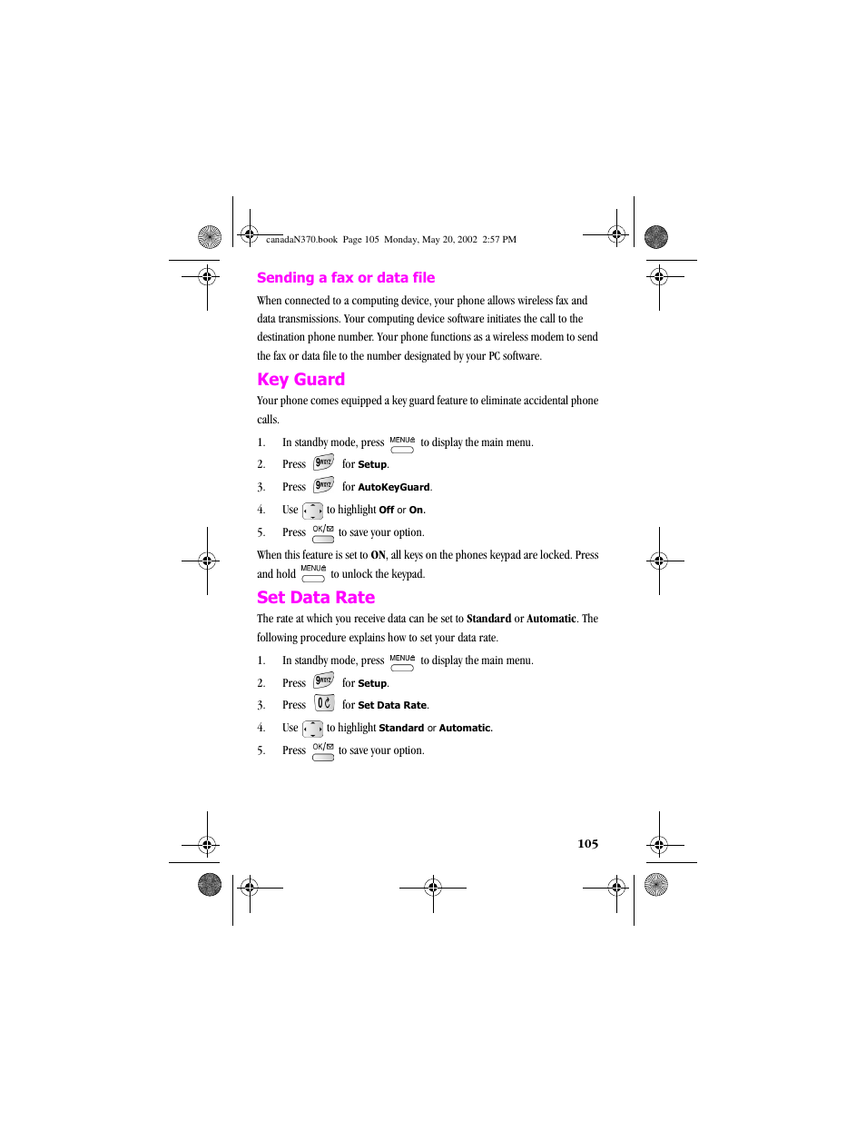 Key guard, Set data rate, Key guard set data rate | Samsung 20040414141622906 User Manual | Page 105 / 152