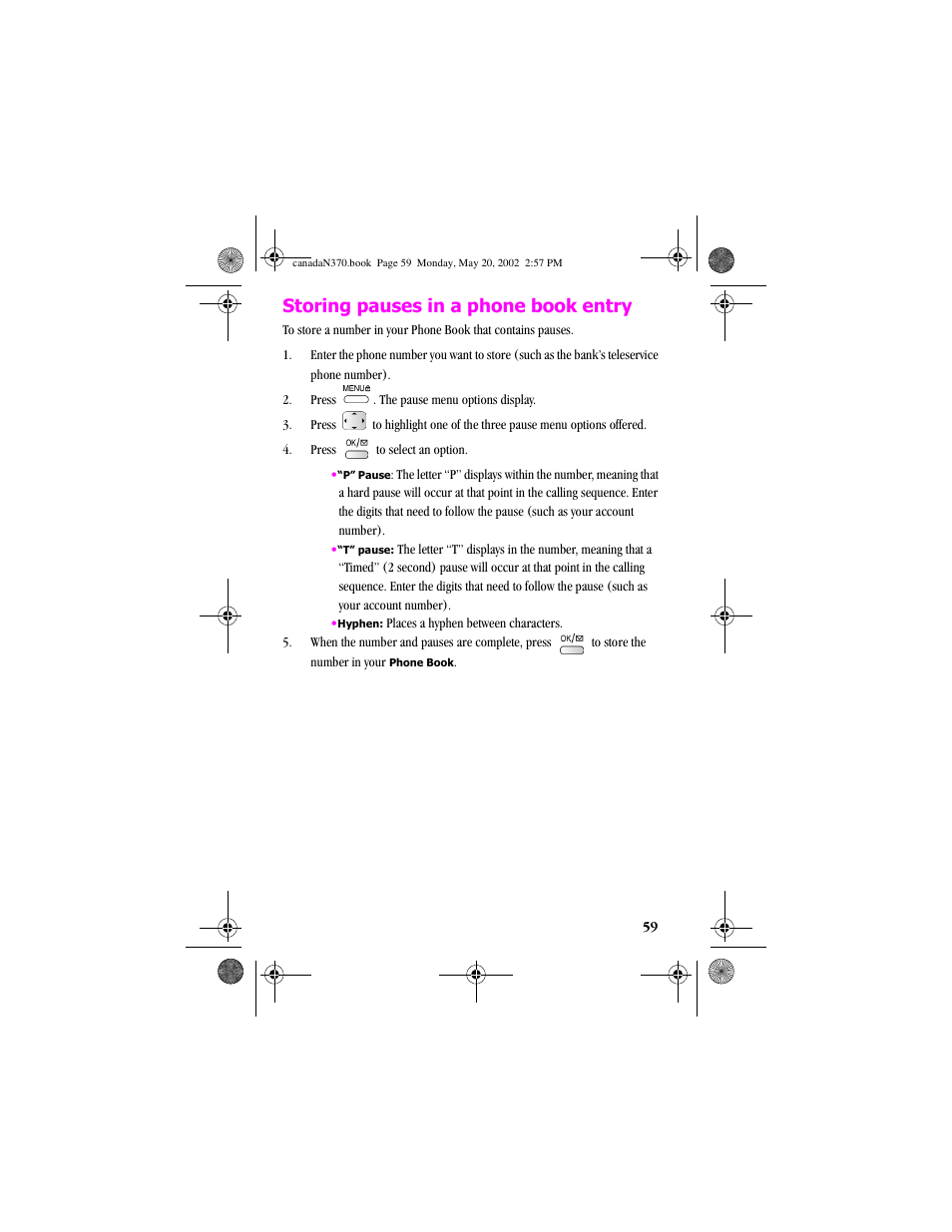 Storing pauses in a phone book entry | Samsung 20040414141622906 User Manual | Page 59 / 152