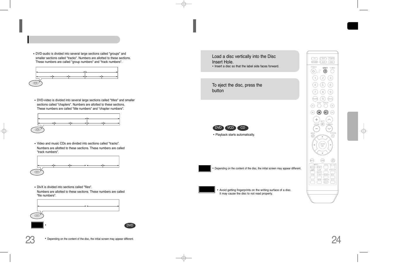 Disc playback, 23 24 disc playback, Before using your home theater | Samsung HT-XQ100  EN User Manual | Page 13 / 39