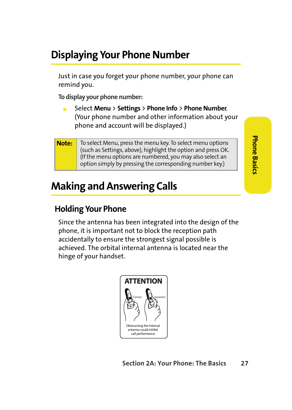 Displaying your phone number, Making and answering calls, Holding your phone | Attention | Samsung A580 User Manual | Page 45 / 197