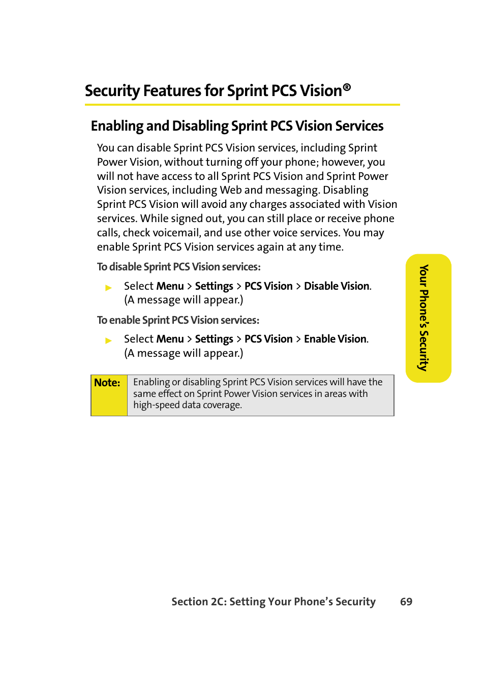 Security features for sprint pcs vision, Enabling and disabling sprint pcs vision services | Samsung A580 User Manual | Page 87 / 197