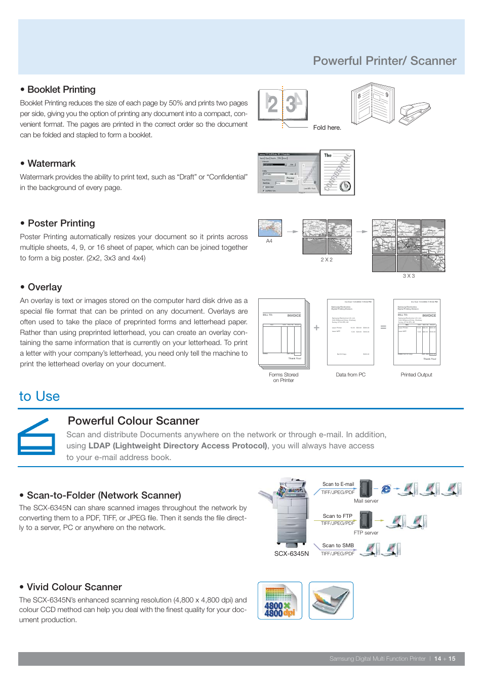 Powerful printer/ scanner, Powerful colour scanner, Booklet printing | Poster printing, Overlay, Watermark, Scan-to-folder (network scanner), Vivid colour scanner | Samsung SCX-6345N User Manual | Page 15 / 32