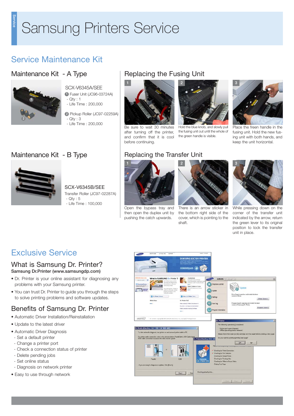 Samsung printers service, Exclusive service service maintenance kit, What is samsung dr. printer | Benefits of samsung dr. printer, Replacing the fusing unit, Maintenance kit - a type maintenance kit - b type, Replacing the transfer unit | Samsung SCX-6345N User Manual | Page 20 / 32