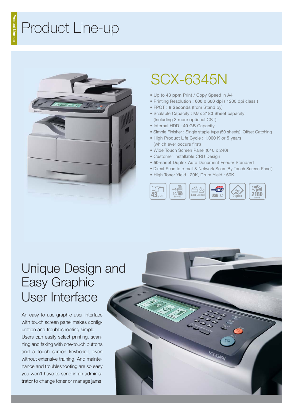 Scx-6345n, Product line-up, Unique design and easy graphic user interface | Samsung SCX-6345N User Manual | Page 22 / 32