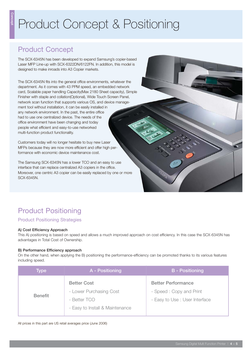 Product concept & positioning, Product concept, Product positioning | Samsung SCX-6345N User Manual | Page 5 / 32
