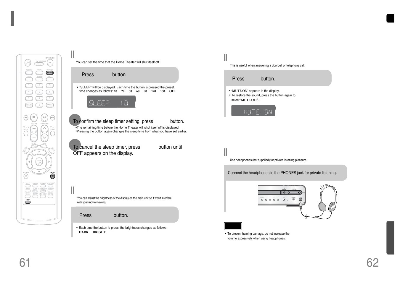 Miscellaneous, Convenient functions, Adjusting display brightness | Sleep timer function, Mute function, Using headphones | Samsung HT-P38 User Manual | Page 32 / 36
