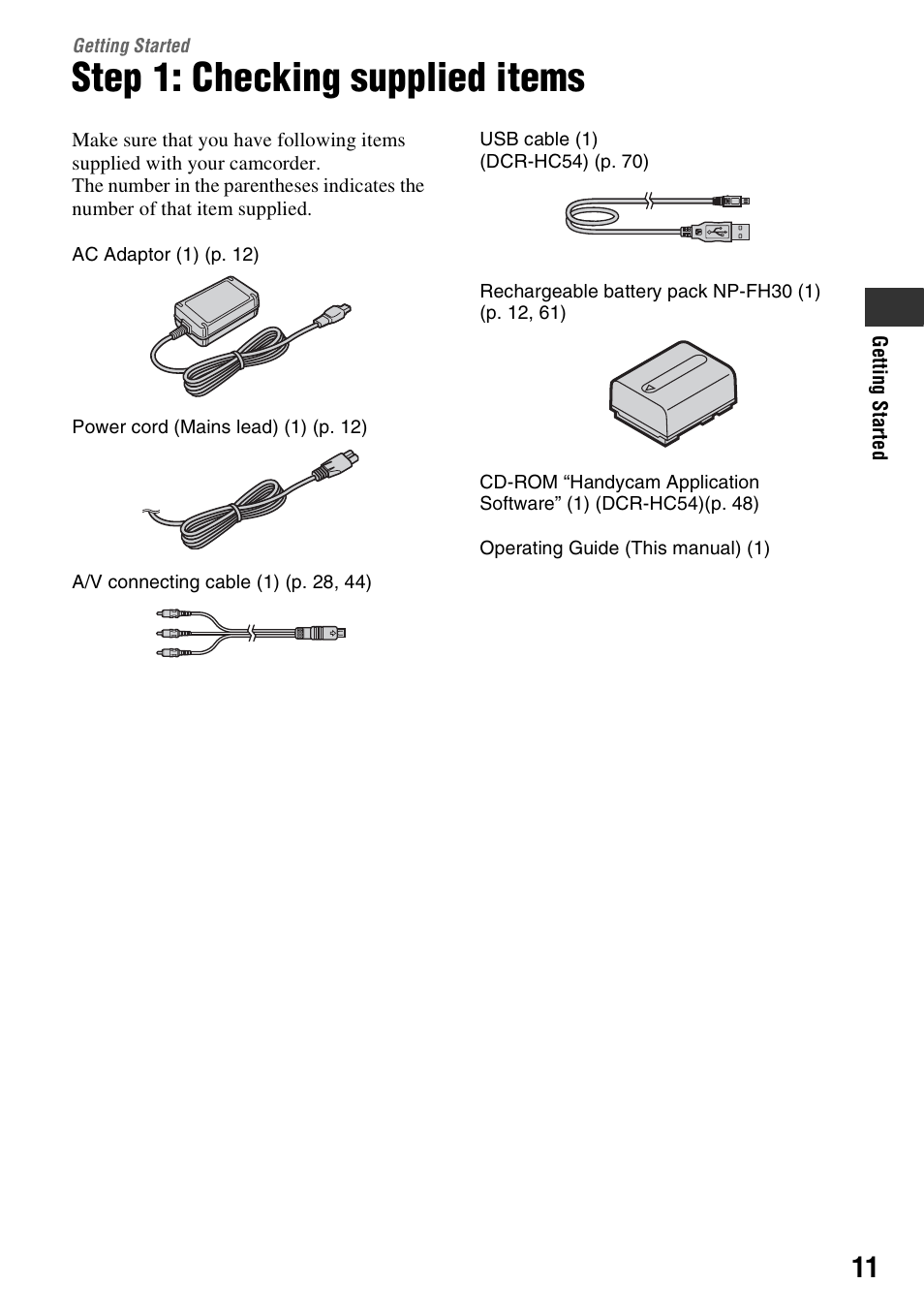 Getting started, Step 1: checking supplied items | Sony DCR-HC52 User Manual | Page 11 / 88
