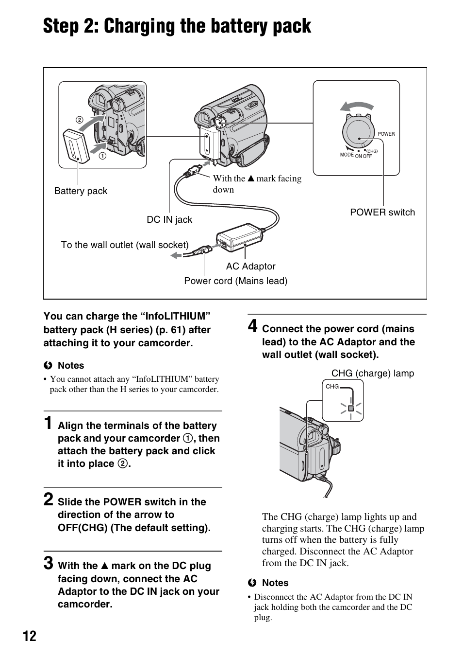 Step 2: charging the battery pack, P. 12), P. 12 | Sony DCR-HC52 User Manual | Page 12 / 88