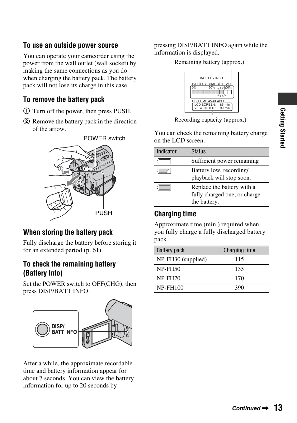 When storing the battery pack, Charging time | Sony DCR-HC52 User Manual | Page 13 / 88