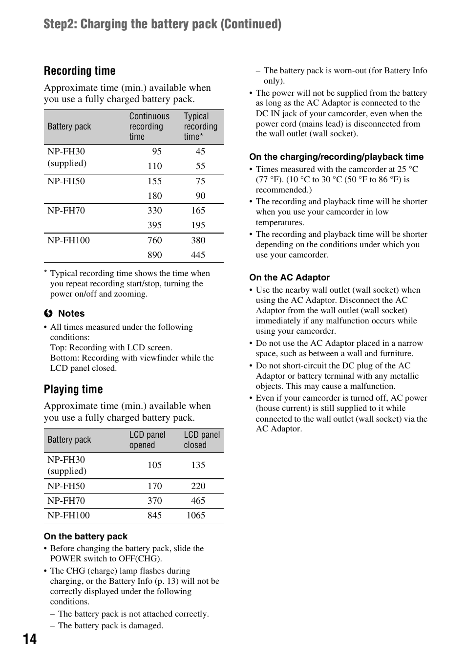 Step2: charging the battery pack (continued), Recording time, Playing time | Sony DCR-HC52 User Manual | Page 14 / 88