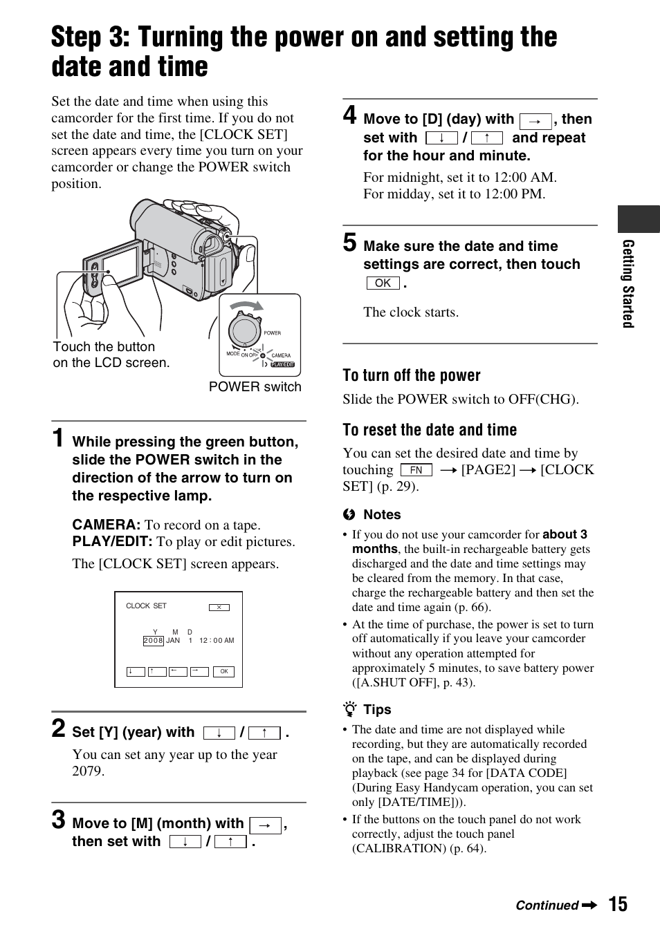 Step 3: turning the power on and, Setting the date and time | Sony DCR-HC52 User Manual | Page 15 / 88