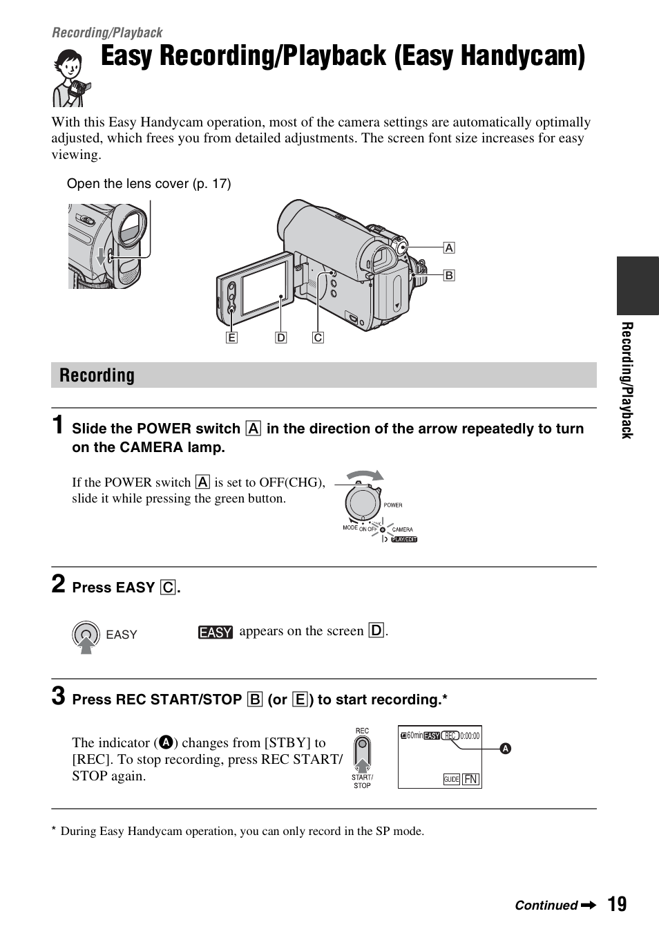 Recording/playback, Easy recording/playback (easy handycam), Recording | Playback | Sony DCR-HC52 User Manual | Page 19 / 88