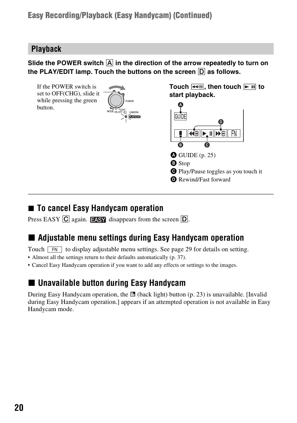 Xunavailable button during easy handycam, Playback | Sony DCR-HC52 User Manual | Page 20 / 88
