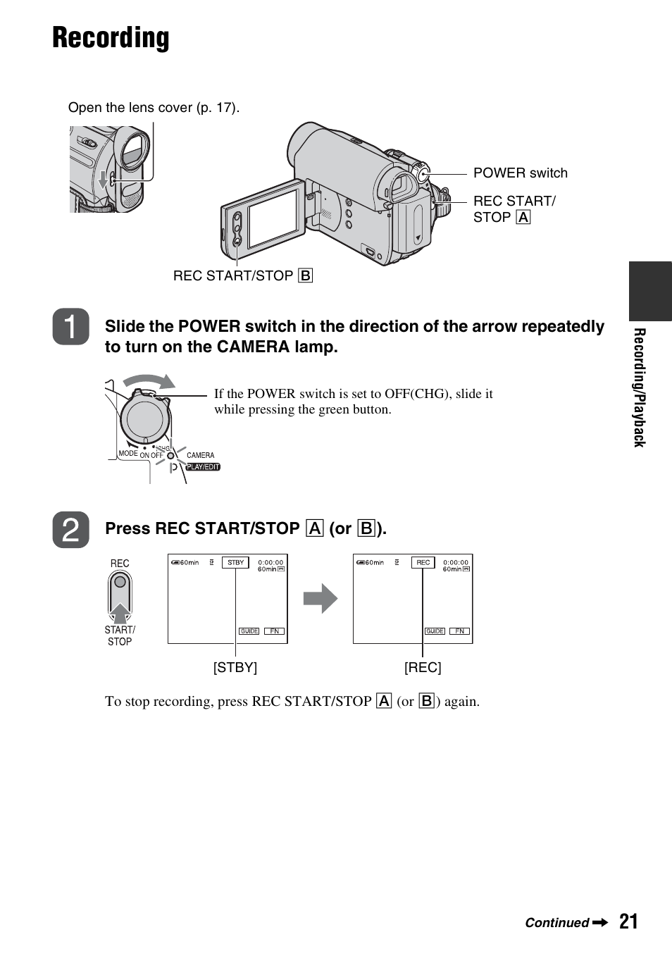 Recording | Sony DCR-HC52 User Manual | Page 21 / 88