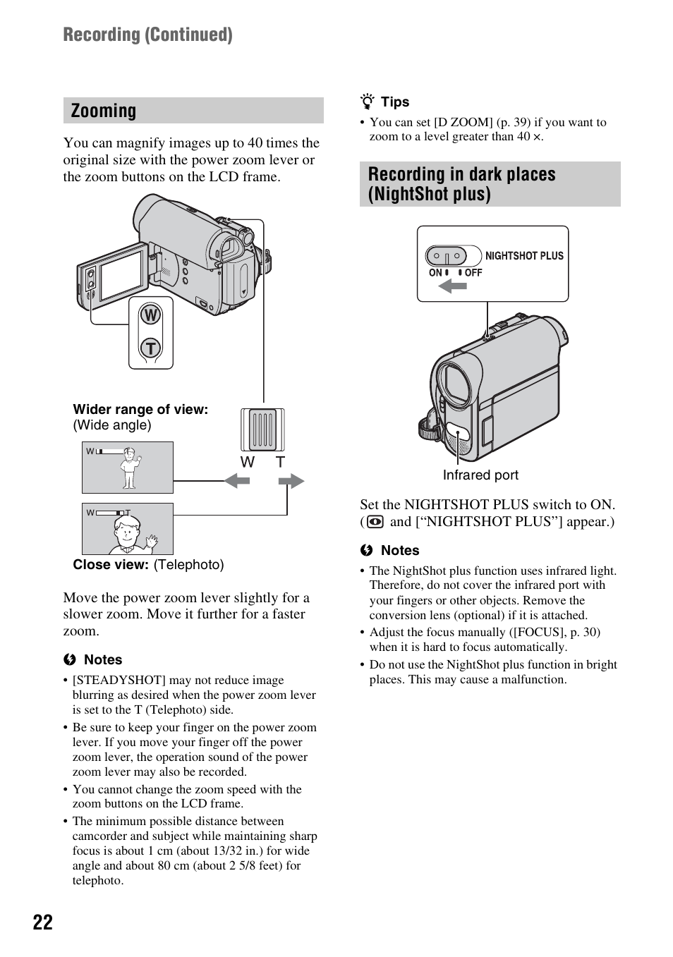 Zooming, Recording in dark places (nightshot plus), Recording (continued) | Sony DCR-HC52 User Manual | Page 22 / 88