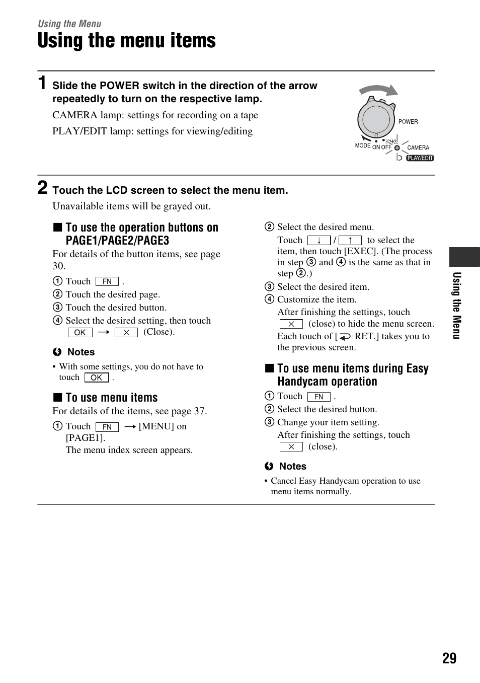 Using the menu, Using the menu items, P. 29) | Sony DCR-HC52 User Manual | Page 29 / 88
