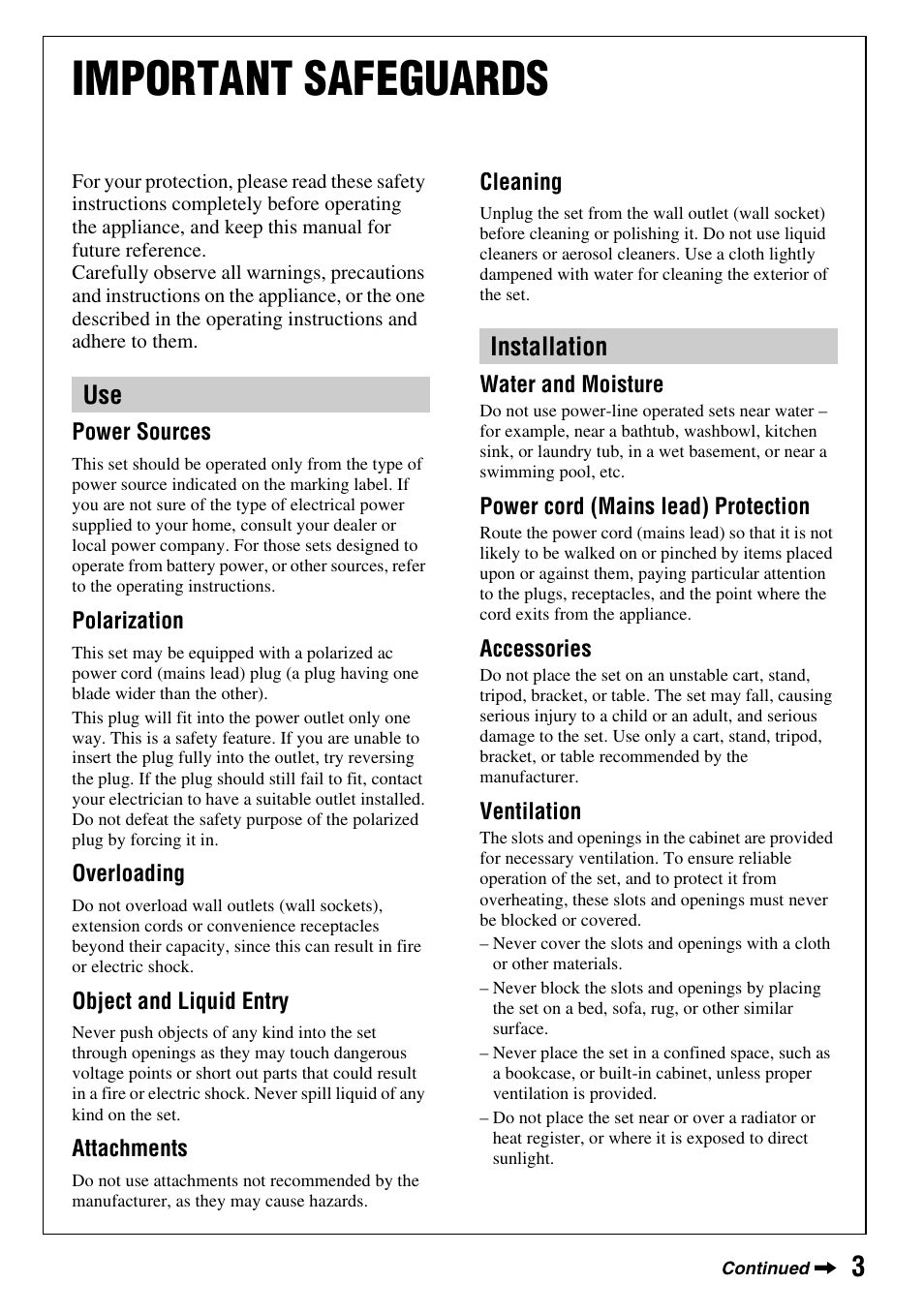 Important safeguards, Use installation | Sony DCR-HC52 User Manual | Page 3 / 88
