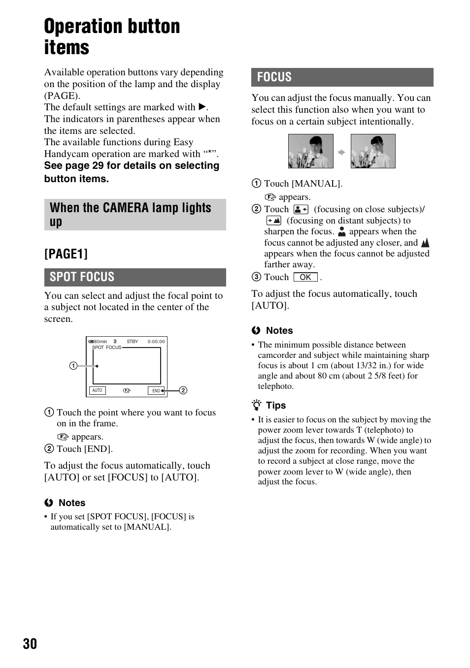 Operation button items, Page1, When the camera lamp lights up | Spot focus, Focus | Sony DCR-HC52 User Manual | Page 30 / 88