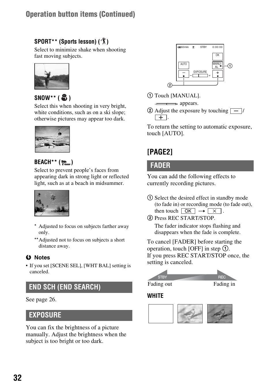 Page2, Operation button items (continued), End sch (end search) exposure fader | Sony DCR-HC52 User Manual | Page 32 / 88